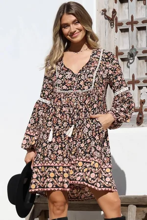 Salty Crush Dian Mini Dress - Balloon Sleeve Smock Dress with Pockets in floral Amirah Print