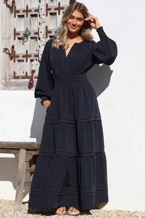 Salty Crush Dara Maxi Dress - Mandarin Collar Tiered Dress with Pockets in
