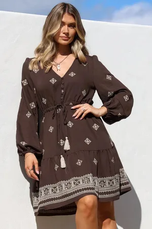 Salty Crush Rylie Mini Dress - Embroidered Long Sleeve Dress with Pull Tie Waist in Vesper Print