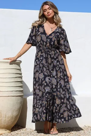 Salty Crush Dulcie Maxi Dress - Cape Sleeve Button-Down Maxi with Pockets in Enchanted Ink Print
