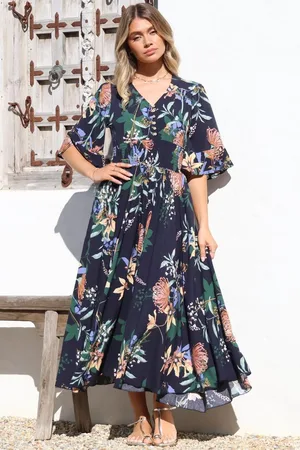 Salty Crush Sasha Maxi Dress - Buttoned Bodice A Line Dress With Flute Sleeves In Raven Print Navy