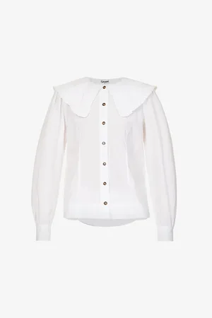 Ganni Wide-collar Ruffle-trim Organic-cotton Shirt