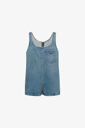 Prada Logo-plaque Faded-wash Denim Playsuit
