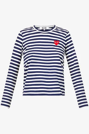 Comme des Garçons Heart-embroidered Striped Cotton-jersey Top