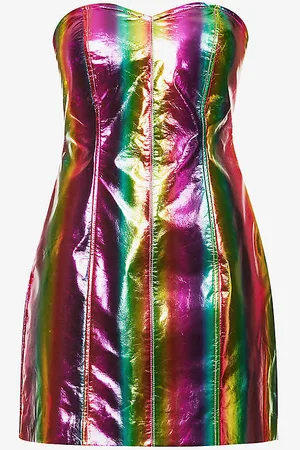 Amy Lynn Rainbow Striped Sweetheart-neckline Faux-leather Mini Dress