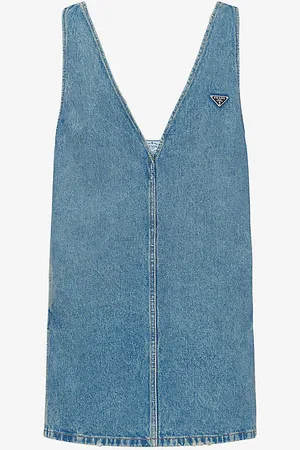 Prada V-neck Low-back Denim-chambray Mini Dress