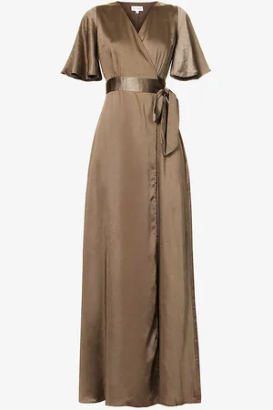 Six Stories V-neck Flutter-sleeve Satin Maxi Dress