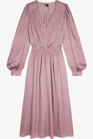 The Kooples Pleated V-neck Satin Midi Dress