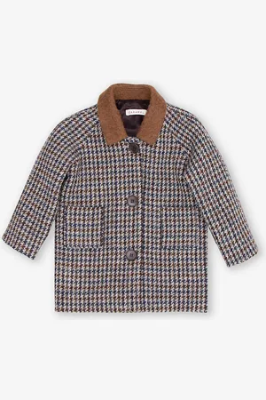 Caramel Azuki Collared Check-pattern Wool Coat 1-2 Years