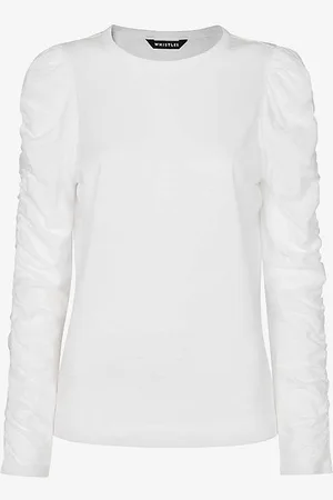 Whistles Round-neck Ruched-sleeve Cotton-blend Top