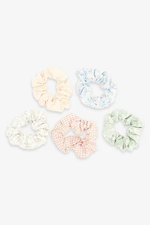 MIMI & LULA Floral and Check-print Set of Five Fabric Scrunchies
