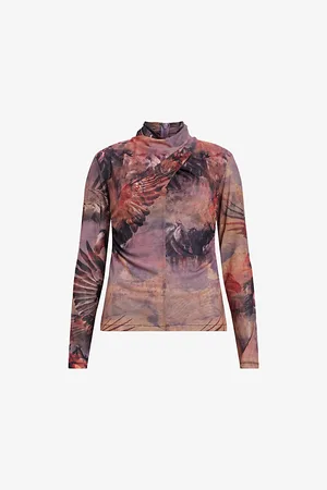 AllSaints Tia Colca Twist-neck Graphic-print Stretch-mesh Top