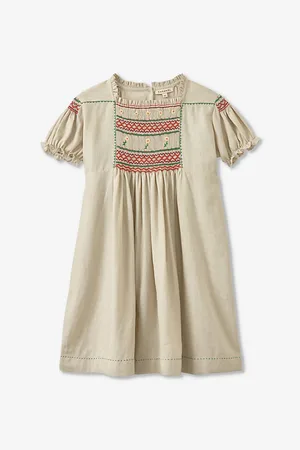 Caramel Moringa Embroidered Linen-blend Dress 3-12 Years