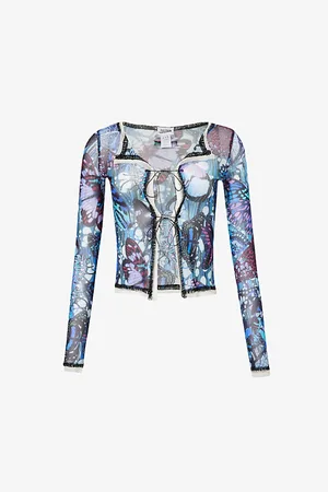 Jean Paul Gaultier Papillon Open-front Printed Sheer Mesh Cardigan