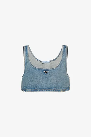 Prada Logo-plaque Denim-chambray Crop Top