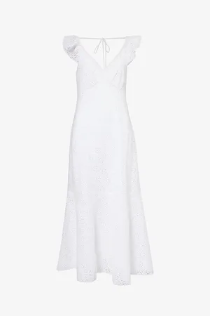 Ralph Lauren Floral-embroidered Frill-trim Linen Midi Dress