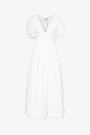 FAITHFULL THE BRAND Teatro V-neck Gathered-waist Silk and Cotton-blend Midi Dress