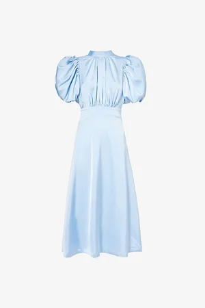 ROTATE Puff-sleeve Pleated Satin Midi Dress