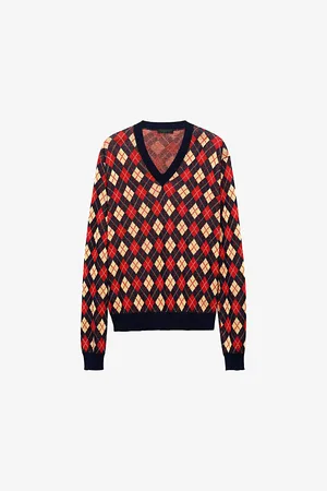 Prada Argyle-pattern V-neck Cotton-knit Sweatshirt