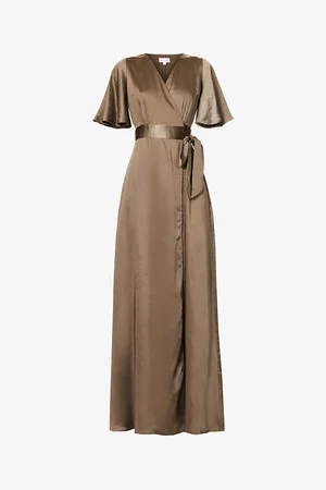 Six Stories V-neck Flutter-sleeve Satin Maxi Dress