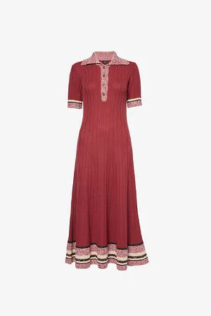 Etro Striped-trim Short-sleeved Wool and Cotton-blend Knitted Midi Dress