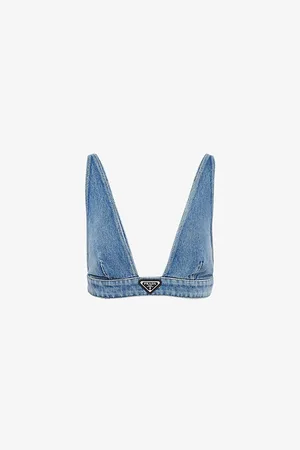 Prada Logo-badge V-neck Cropped Organic-denim Top