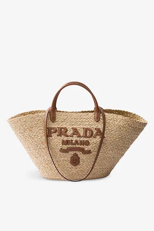 Prada Logo-embossed Large Raffia and Leather Tote