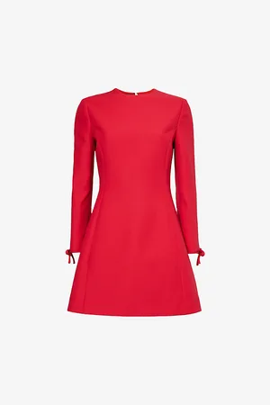 VALENTINO GARAVANI Bow-embellished Padded-shoulder Wool-blend Mini Dress