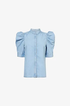 Frame Gillian Puff-sleeve High-neck Denim Top