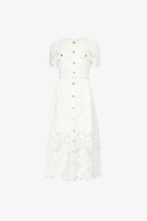 Self-Portrait Lace-embroidered Flared-hem Cotton Midi Dress