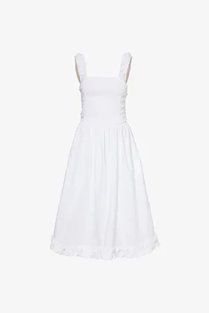 Ganni Square-neck Ruffle-trim Organic-cotton Midi Dress