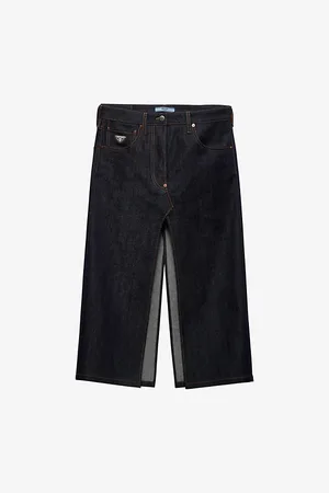 Prada Logo-badge Flared High-rise Selvedge-denim Midi Skirt
