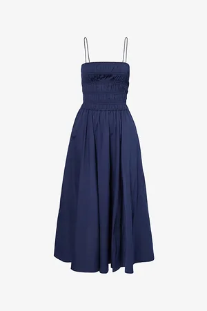 Ralph Lauren Ruched-panel Flared-hem Cotton-poplin Midi Dress