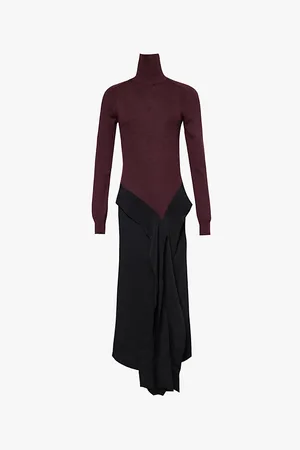 Victoria Beckham Long-sleeved Asymmetric-hem Wool-knit and Woven Crepe Maxi Dress