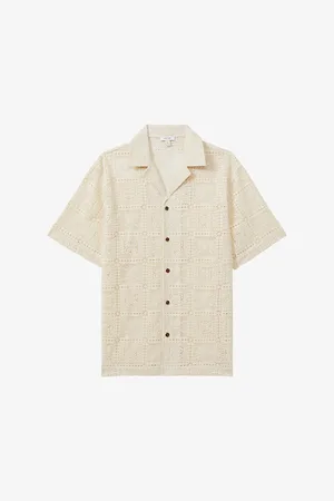 Reiss Pallas Floral-crochet Short-sleeve Cotton-blend Shirt