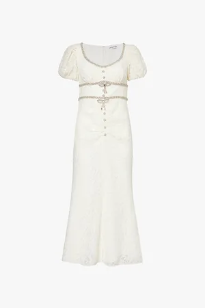 Self-Portrait Crystal-embellished Puff-sleeve Lace Midi Dress