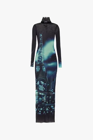 Jean Paul Gaultier Graphic-print Turtleneck Mesh Maxi Dress
