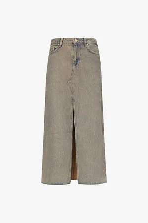 Ganni Faded-wash Raw-hem Mid-rise Organic-denim Maxi Skirt