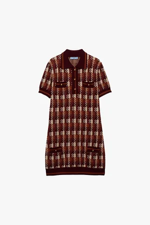 Prada Houndstooth Short-sleeve Wool-knit Mini Dress