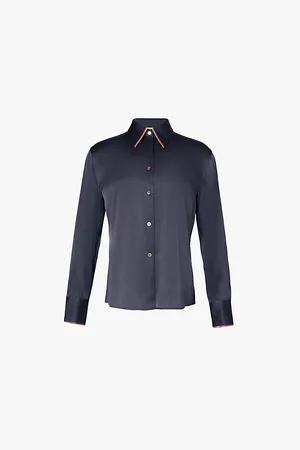 Vince Contrast-tipping Long-sleeve Silk Shirt