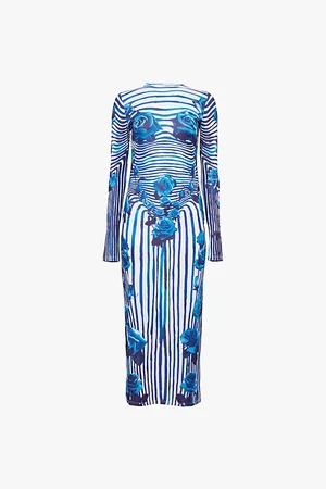 Jean Paul Gaultier Striped Floral-print Stretch-jersey Midi Dress