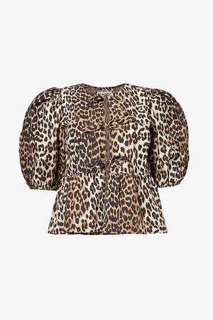 Ganni Puff-sleeve Peplum-hem Organic-cotton Blouse