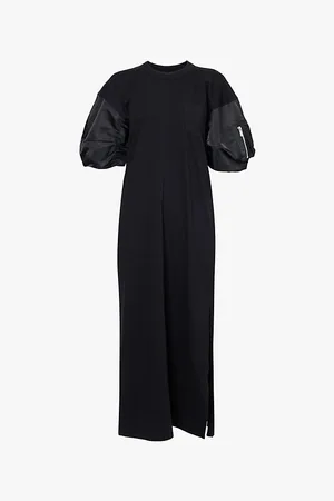SACAI Puff-sleeve Zip-pocket Cotton Midi Dress