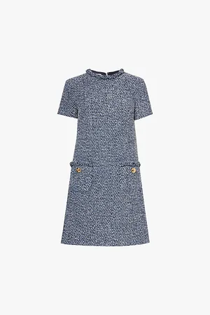 VALENTINO GARAVANI Button-embellished Tweed-textured Woven-blend Midi Dress