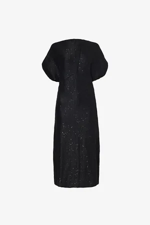 Serafini Sequin-embellished Draped-neck Knitted Midi Dress
