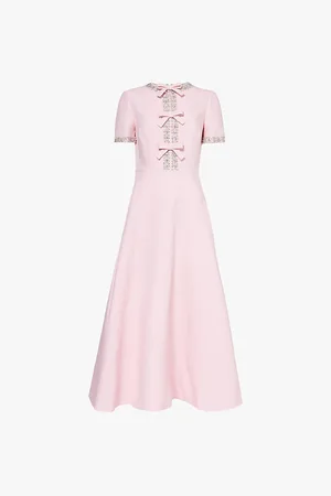 VALENTINO GARAVANI Bow-embellished Crystal-trim Wool and Silk Midi Dress