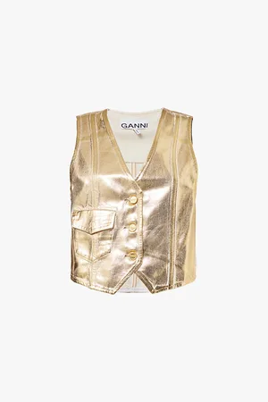 Ganni Metallic V-neck Cotton-denim Vest