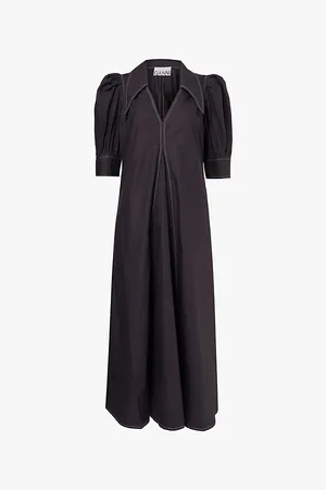 Ganni V-neck Puff-sleeved Cotton-poplin Maxi Dress
