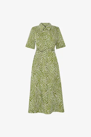 Whistles Linear Leaf-print Short-sleeve Woven Midi Dress