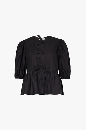 Ganni Puff-sleeve Peplum-hem Organic-cotton Blouse